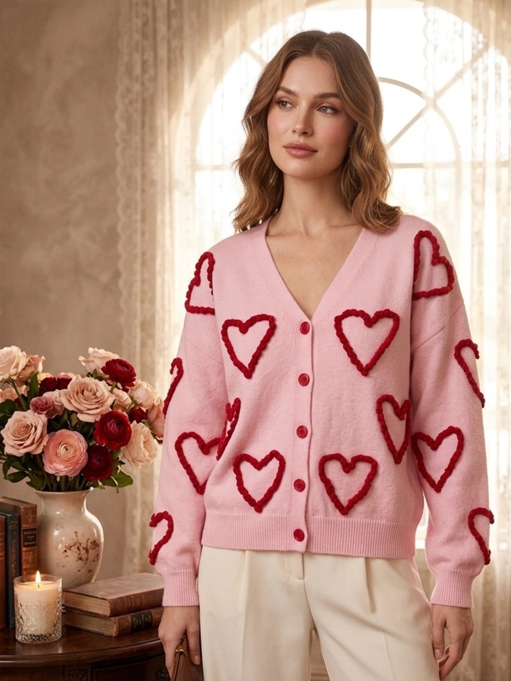Pink V-Neck Cardigan with Red Heart Detail